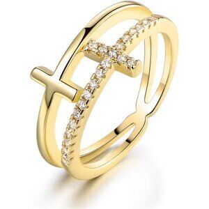 Gold Plated Double Cross Ring Cubic Zirconia Adjustable Fashion Jewelry Gift